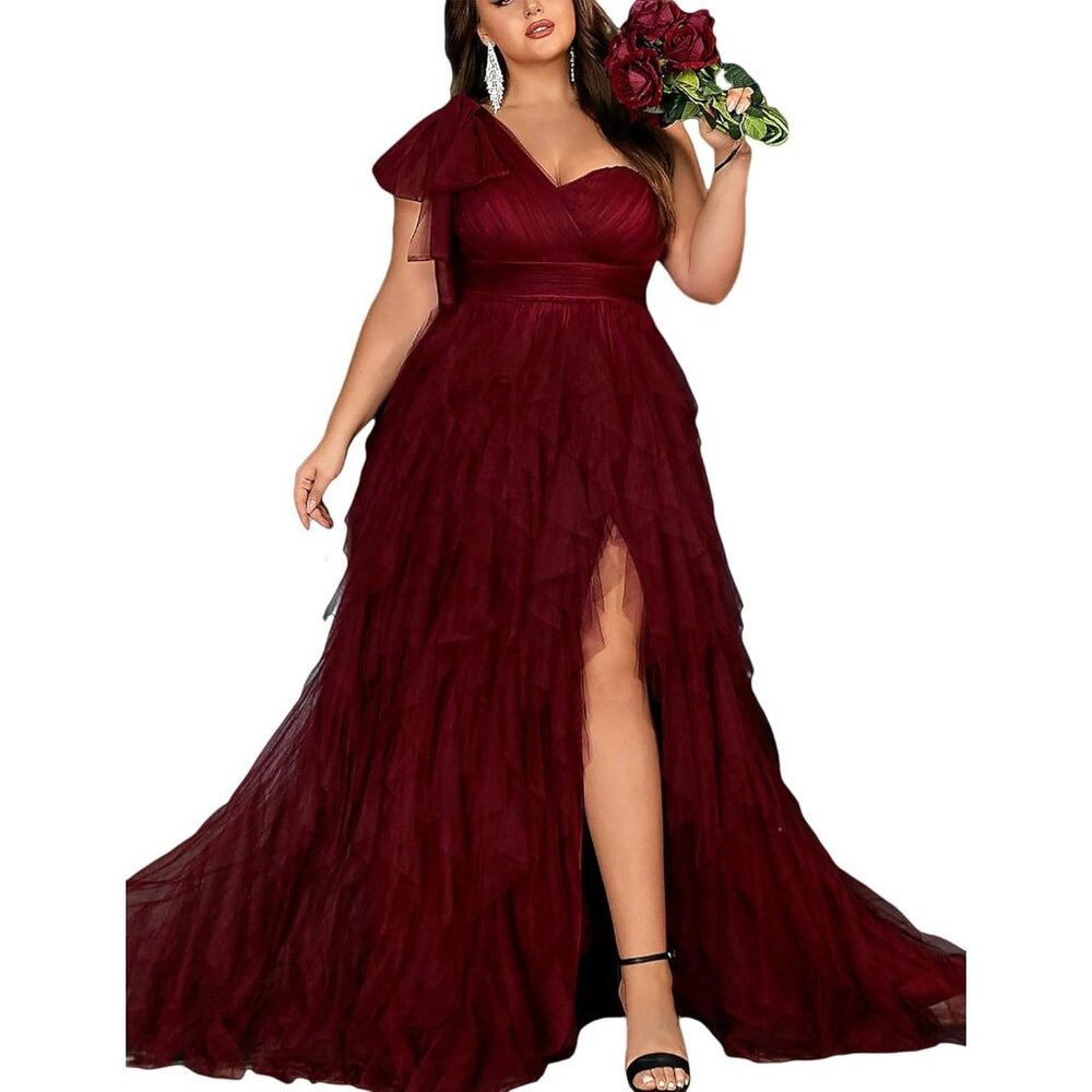 Women's Wine Red Elegant Party Cocktail Guest Long Dress One Shoulder Maxi